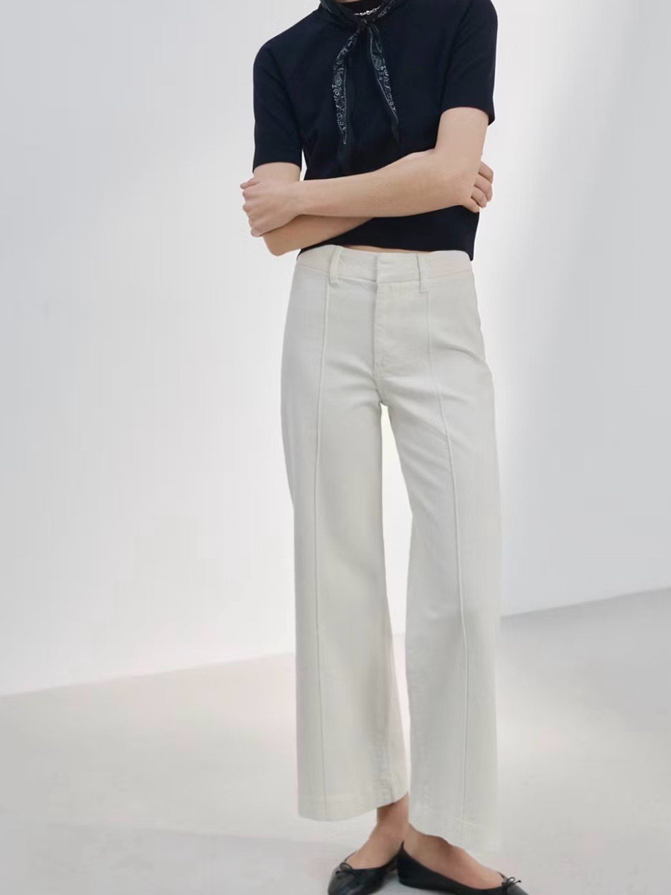 Nwot Mango High-Waisted Wideleg White Jeans With Stitching Size 4